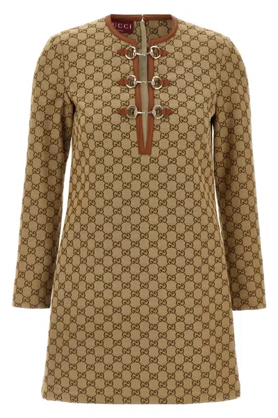 Gucci Cotton Blend Dress With All-over Gg Print In Brown