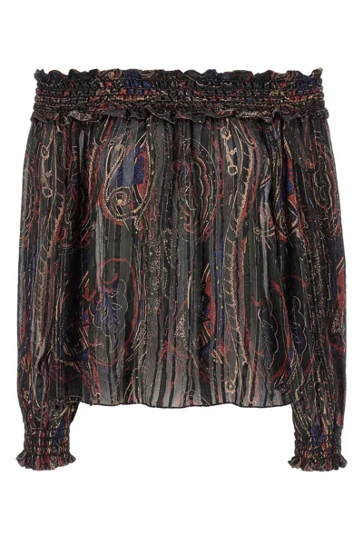 Saint Laurent Smocked Off-the-shoulder Blouse Ruffled Neckline In Brown