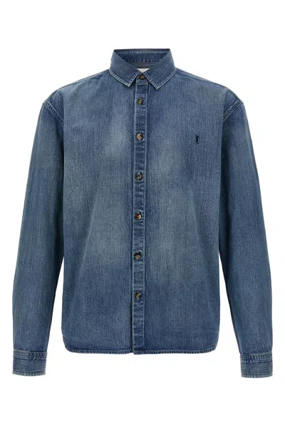 Saint Laurent Cassandre' Blue Cotton Shirt In Blue