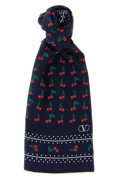 Valentino Cherry Print Polka Dot Border Scarf In Blue