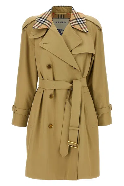 Burberry Castleford Check Collar Water Resistant Gabardine Trench Coat In Green