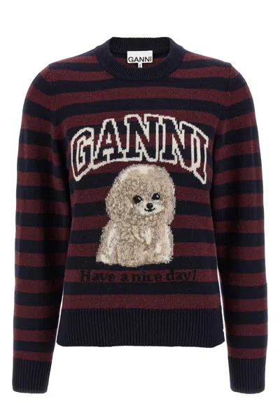 Ganni Graphic Wool Mix Poodle Stripe Crewneck Knitwear Multicolor In Multi