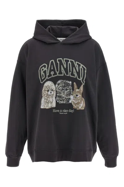 Ganni Oversize Cotton Sweatshirt With Hood And Graphic Print