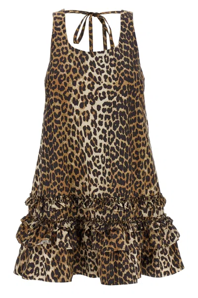 Ganni Leopard Printed Sleeveless Mini Dress In Animal Print