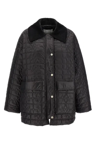 Ganni Shiny Black Quilted Midi Jacket With Pointed Collar