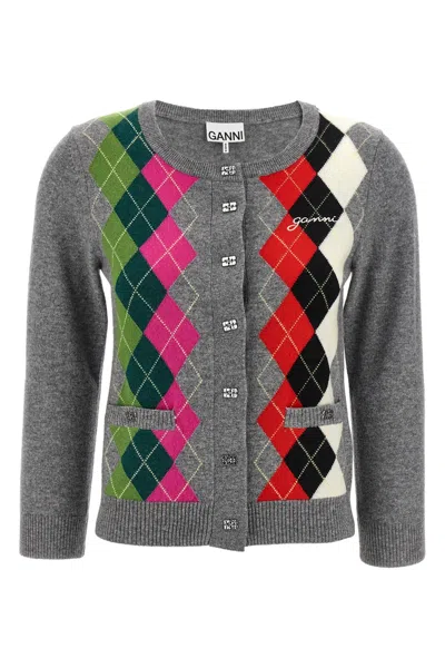 Ganni Argyle-pattern Logo-embroidered Cardigan In Multi