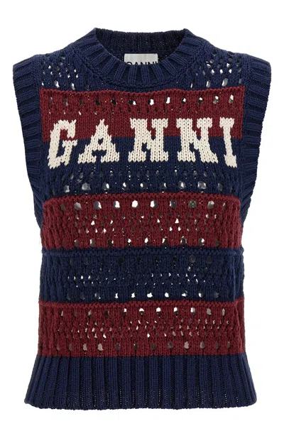 Ganni Striped Openwork Vest With Logo Inlay In Multi