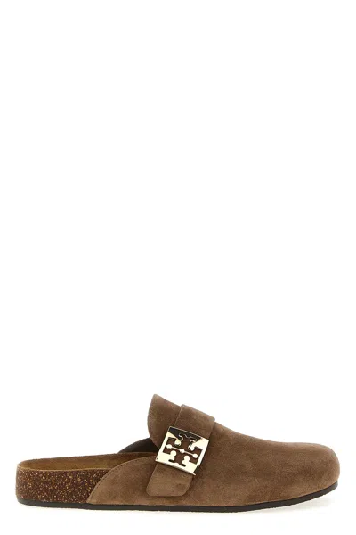 Tory Burch Mellow Suede Buckle Slide Mules In Brown