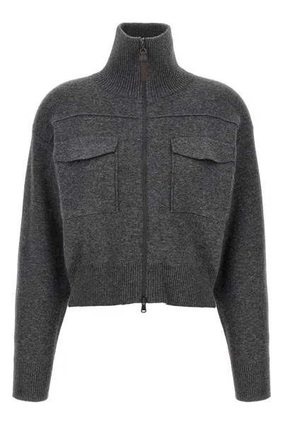 Brunello Cucinelli 'shiny Zipper Pull' Wool Cardigan In Gray