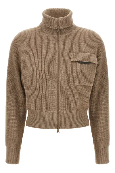 Brunello Cucinelli Cropped Cardigan With Shiny Flap Detail In Brown