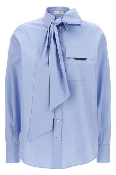 Brunello Cucinelli Bow Pocket Long Sleeve Shirt In Blue