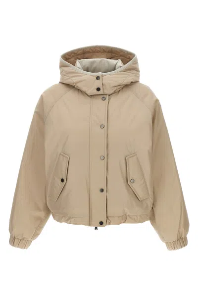 Brunello Cucinelli Hooded Down Jacket Featuring Front Pockets In Neutral