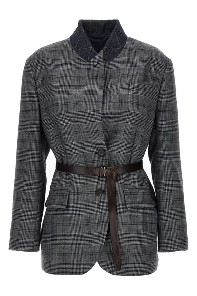 Brunello Cucinelli Waist Belted Checkered Pattern Blazer In Gray