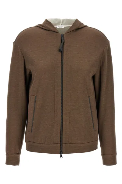 Brunello Cucinelli Brown Sweatshirt With Fixed Hood And Monil Detail On The Sleeve