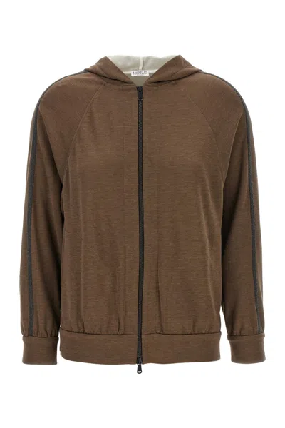 Brunello Cucinelli Brown Sweatshirt With Fixed Hood And Monil Detail On The Sleeve