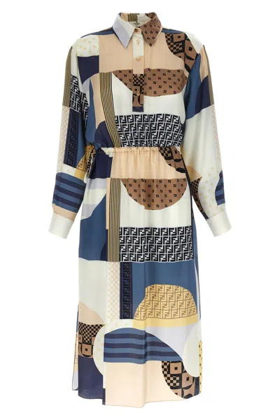 Fendi Midi Chemisier Patchwork Dress In Multi