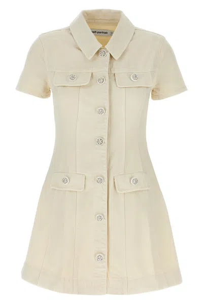 Self-portrait Structured Beige Dress With Classic Collar And Flap Pockets In Neutral