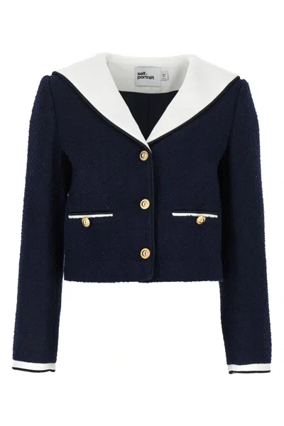 Self-portrait Boucle Jacket With Contrasting Neckline In Blue