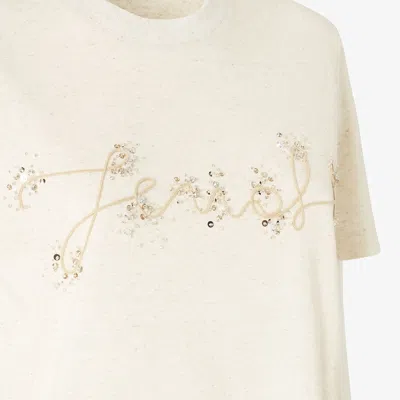 Fendi Beige Cotton And Linen T-shirt With Logo In Neutral