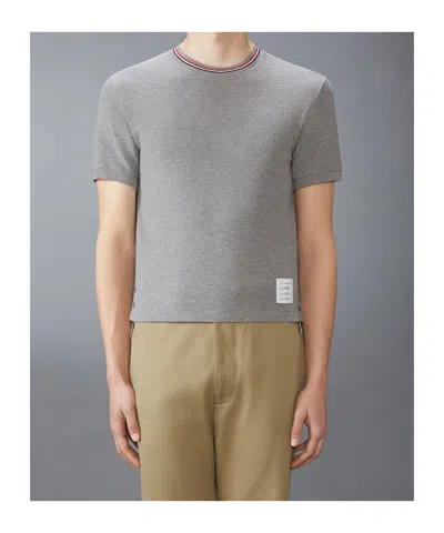 Thom Browne Short-sleeve Cotton T-shirt With Striped Neckline And Snap Hem In Gray