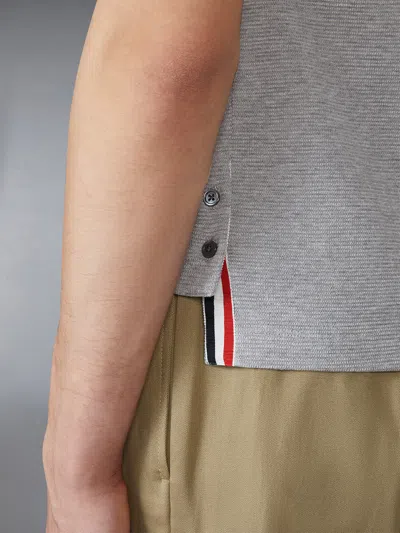 Thom Browne Short-sleeve Cotton T-shirt With Striped Neckline And Snap Hem In Gray