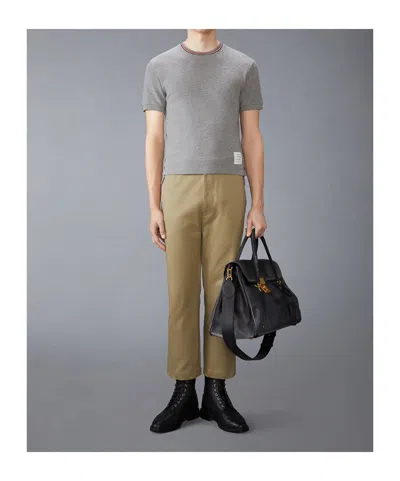 Thom Browne Short-sleeve Cotton T-shirt With Striped Neckline And Snap Hem In Gray