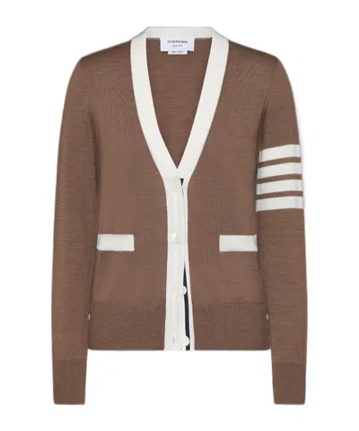 Thom Browne Relaxed Fit V Neck Cardigan 4 Bar Stripe In Brown