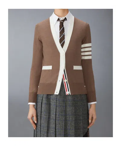 Thom Browne Relaxed Fit V Neck Cardigan 4 Bar Stripe In Brown