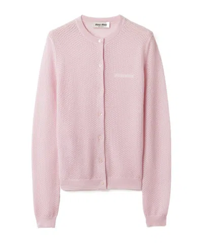 Miu Miu Cashmere Knit Cardigan With Ribbed Collar And Cuffs In Pink