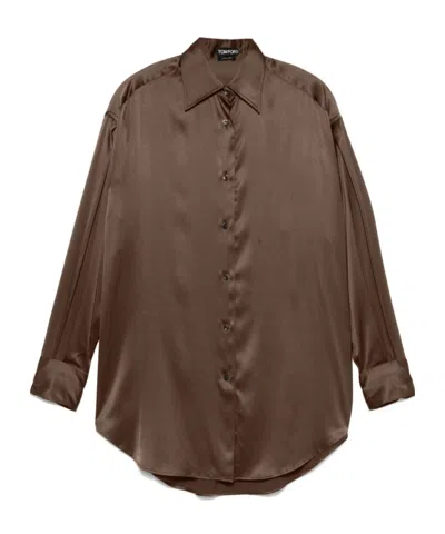 Tom Ford Fluid Charmeuse Silk Shirt In Brown