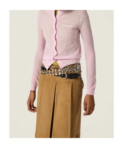 Miu Miu Cashmere Knit Cardigan With Ribbed Collar And Cuffs In Pink