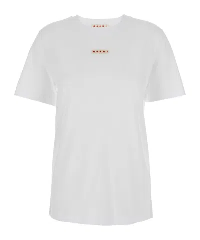 Marni White Crewneck T-shirt With Logo Patch On The Front