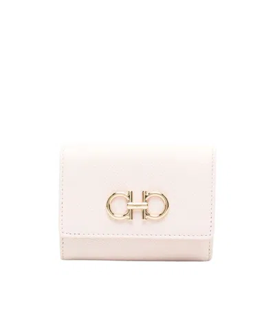 Ferragamo Trifold Wallet Gancini Leather Gold-tone In Pink