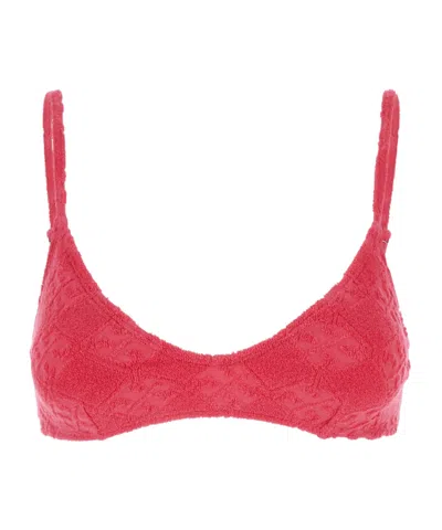 Tory Burch Terry Pink Bikini Top With Adjustable Spaghetti Straps And All-over Logo Embroidery In Cotton Blend  In Red