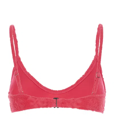 Tory Burch Terry Pink Bikini Top With Adjustable Spaghetti Straps And All-over Logo Embroidery In Cotton Blend  In Red