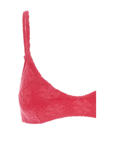 Tory Burch Terry Pink Bikini Top With Adjustable Spaghetti Straps And All-over Logo Embroidery In Cotton Blend  In Red