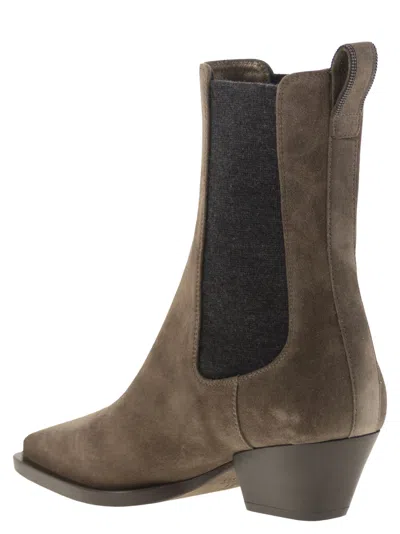Brunello Cucinelli Brown Ankle Boots With Elastic Side Panel In Suede Woman In Brown