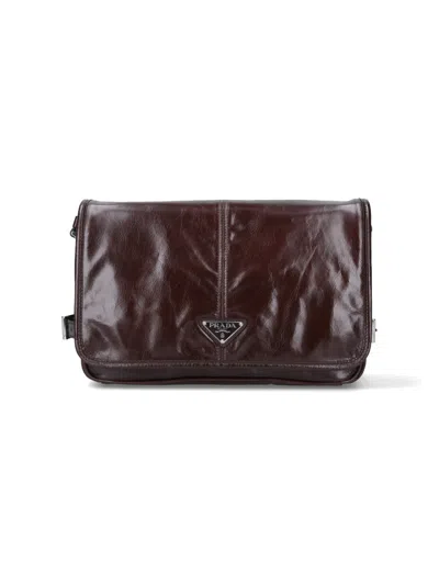 Prada Adjustable Leather Shoulder Bag With Zippered Welt Pocket In Brown