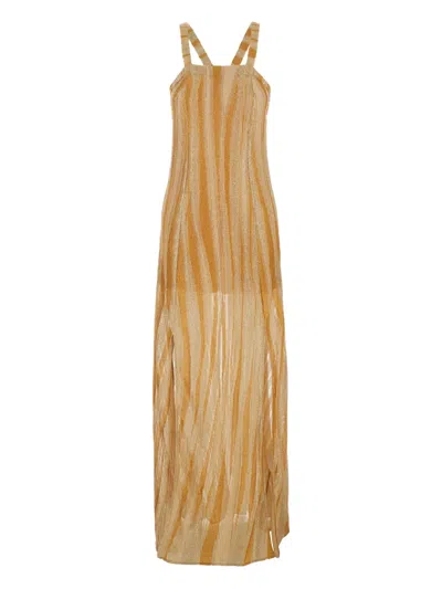Forte Forte Metallic Long Sleeveless Dress With Square Neck And Criss-crossed Shoulder Straps On The Rear
