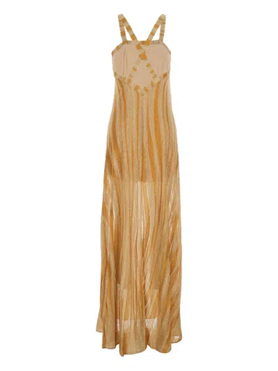 Forte Forte Metallic Long Sleeveless Dress With Square Neck And Criss-crossed Shoulder Straps On The Rear
