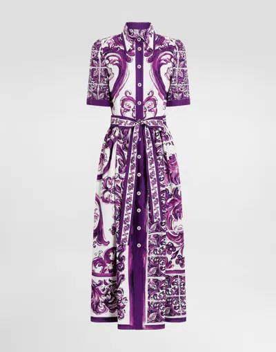 Dolce & Gabbana Dolce&gabbana Poplin Shirt Dress With Maiolica Print In Purple