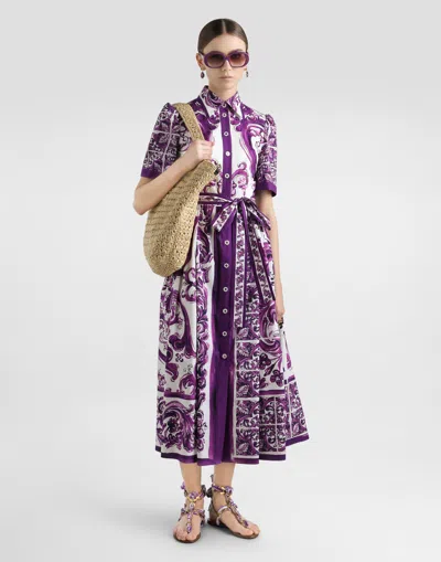 Dolce & Gabbana Dolce&gabbana Poplin Shirt Dress With Maiolica Print In Purple