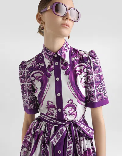 Dolce & Gabbana Dolce&gabbana Poplin Shirt Dress With Maiolica Print In Purple