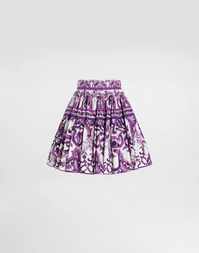 Dolce & Gabbana Short Cotton Skirt With Majolica Print Dolce E Gabbana In Purple