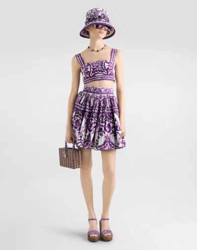 Dolce & Gabbana Short Cotton Skirt With Majolica Print Dolce E Gabbana In Purple