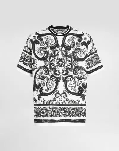 Dolce & Gabbana Men Black And White Crewneck T-shirt With All-over Graphic Print In Cotton Man In Multi