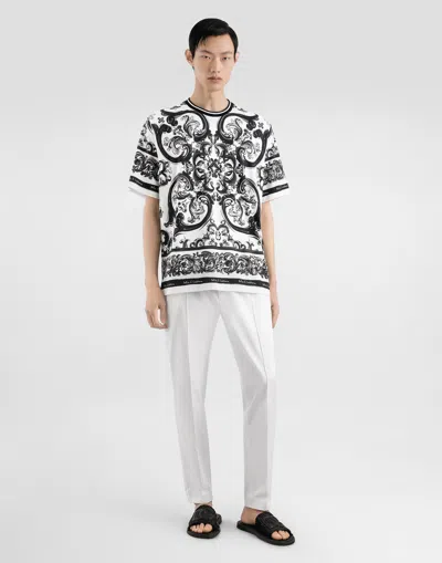 Dolce & Gabbana Men Black And White Crewneck T-shirt With All-over Graphic Print In Cotton Man In Multi