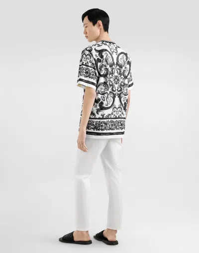 Dolce & Gabbana Men Black And White Crewneck T-shirt With All-over Graphic Print In Cotton Man In Multi