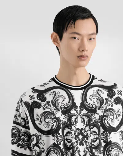 Dolce & Gabbana Men Black And White Crewneck T-shirt With All-over Graphic Print In Cotton Man In Multi