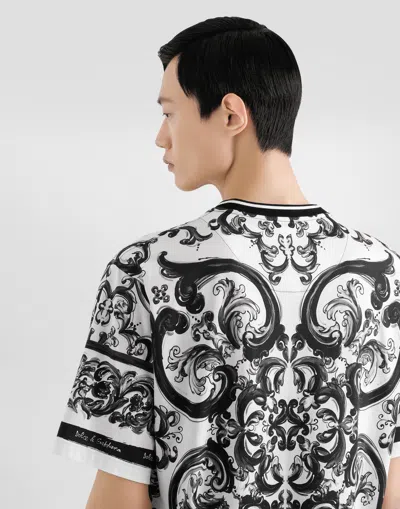 Dolce & Gabbana Men Black And White Crewneck T-shirt With All-over Graphic Print In Cotton Man In Multi